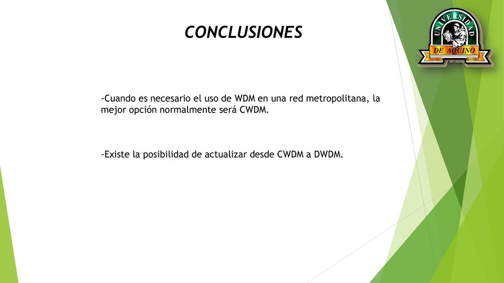 CONCLUSIONES -Cuando es necesario el uso de WDM en una red metropolitana, la mejor opción normalmente será CWDM.