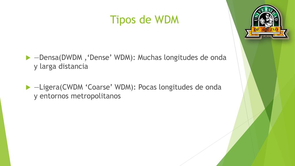 Tipos de WDM —Densa(DWDM ,‘Dense’ WDM): Muchas longitudes de onda y larga distancia