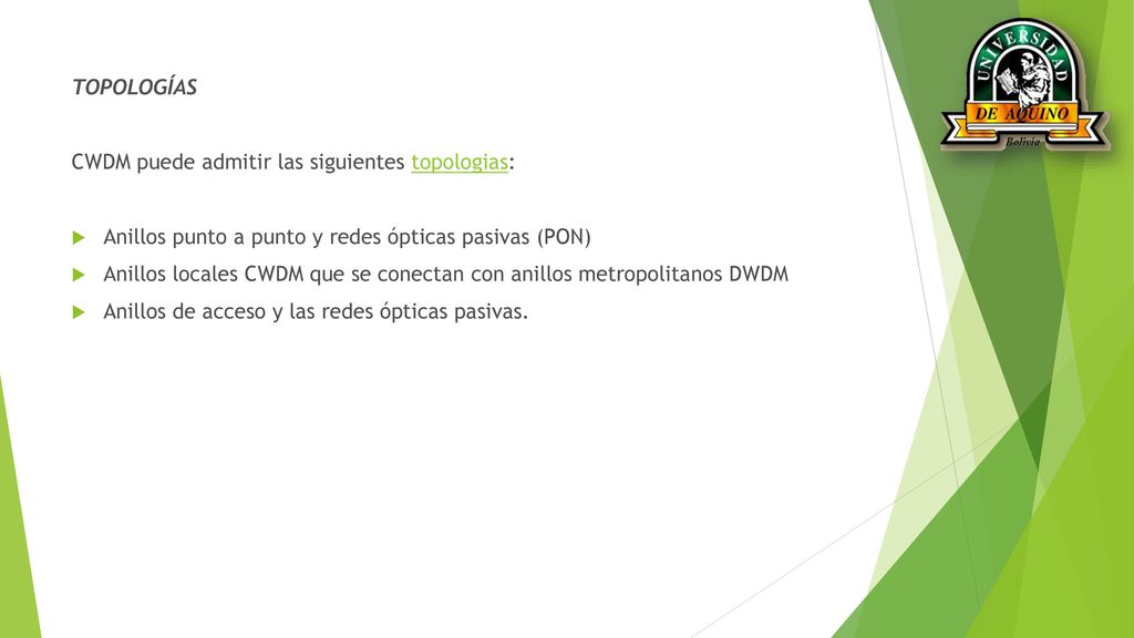 TOPOLOGÍAS CWDM puede admitir las siguientes topologias: Anillos punto a punto y redes ópticas pasivas (PON)