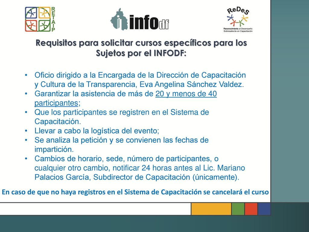 Requisitos para solicitar cursos específicos para los Sujetos por el INFODF: