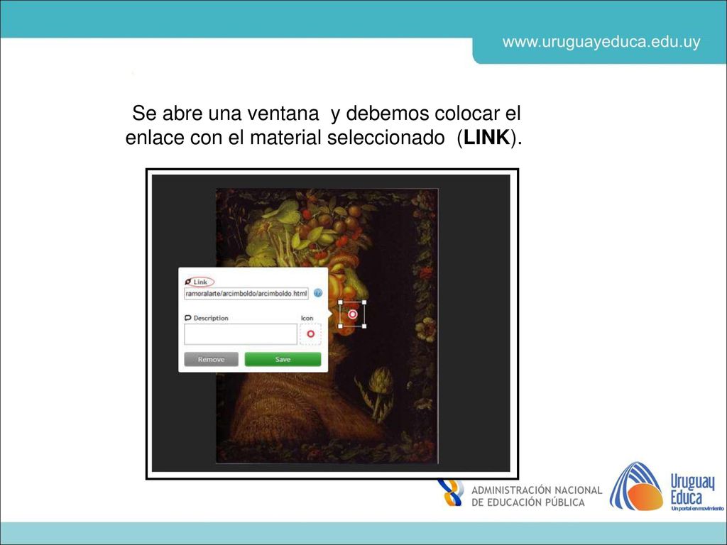 Se abre una ventana y debemos colocar el enlace con el material seleccionado (LINK).