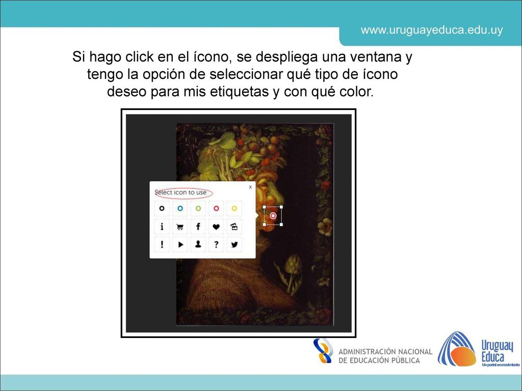 Si hago click en el ícono, se despliega una ventana y tengo la opción de seleccionar qué tipo de ícono deseo para mis etiquetas y con qué color.