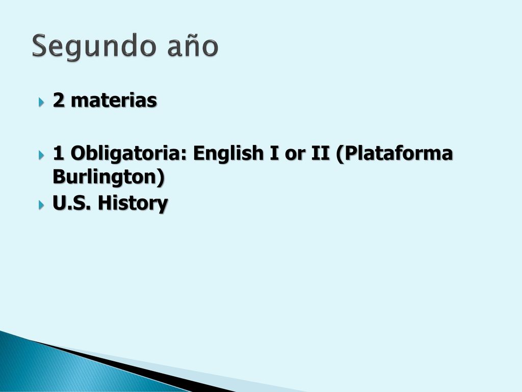 Segundo año 2 materias 1 Obligatoria: English I or II (Plataforma Burlington) U.S. History
