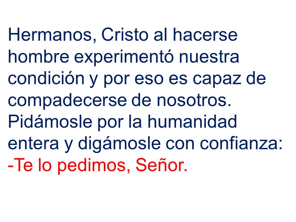 Hermanos, Cristo al hacerse hombre experimentó nuestra condición y por eso es capaz de compadecerse de nosotros. Pidámosle por la humanidad entera y digámosle con confianza:
