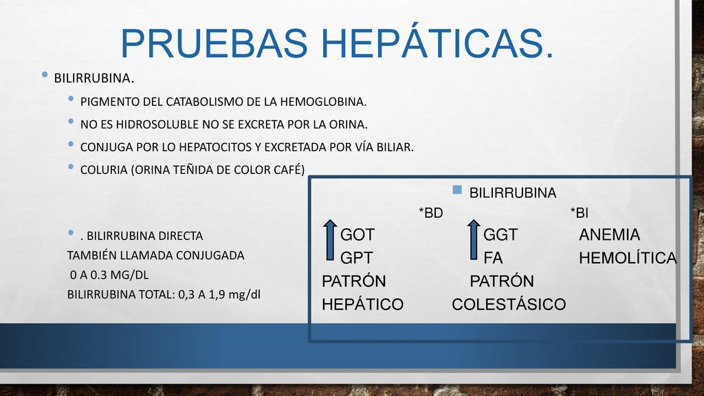 Pruebas hepáticas. GOT GGT Anemia GPT FA Hemolítica Patrón Patrón