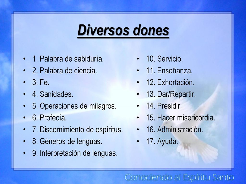 Diversos dones 1. Palabra de sabiduría. 2. Palabra de ciencia. 3. Fe.