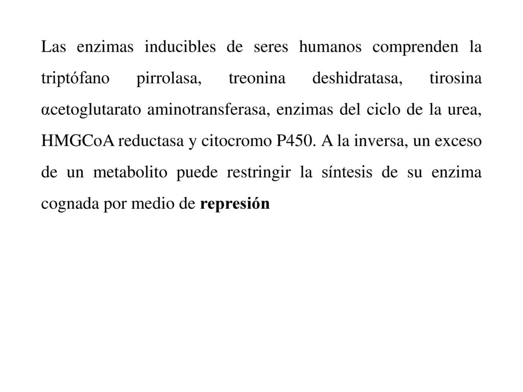 Las enzimas inducibles de seres humanos comprenden la triptófano pirrolasa, treonina deshidratasa, tirosina αcetoglutarato aminotransferasa, enzimas del ciclo de la urea, HMGCoA reductasa y citocromo P450.
