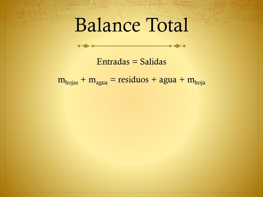 Entradas = Salidas mhojas + magua = residuos + agua + mhoja