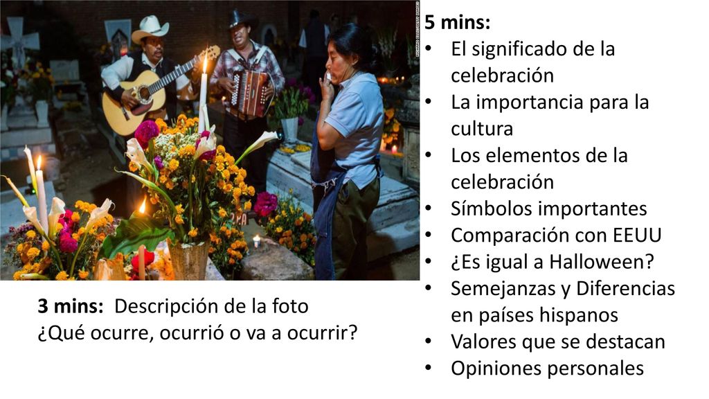 5 mins: El significado de la celebración. La importancia para la cultura. Los elementos de la celebración.