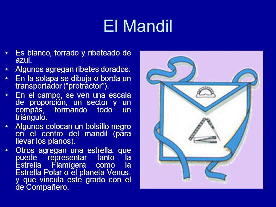 El Mandil Es blanco, forrado y ribeteado de azul.