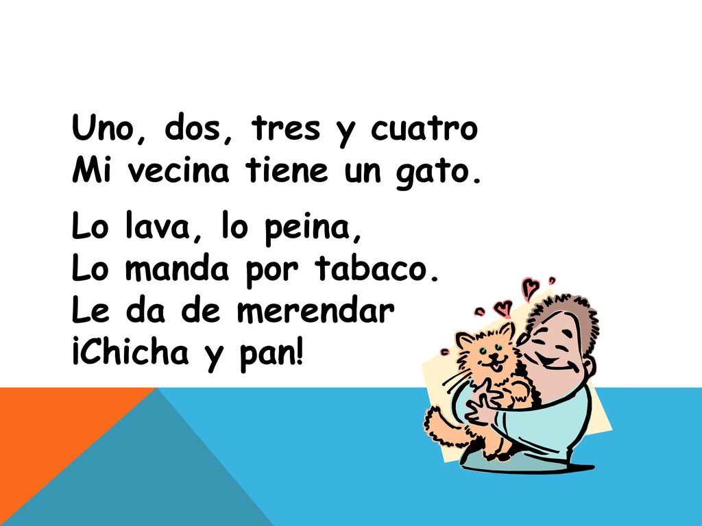 Uno, dos, tres y cuatro Mi vecina tiene un gato. Lo lava, lo peina, Lo manda por tabaco. Le da de merendar.