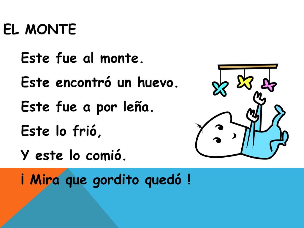 El Monte Este fue al monte. Este encontró un huevo. Este fue a por leña. Este lo frió, Y este lo comió.