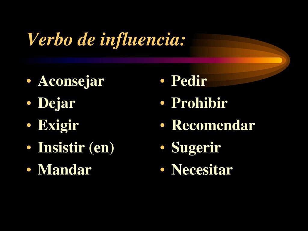 Verbo de influencia: Aconsejar Dejar Exigir Insistir (en) Mandar Pedir