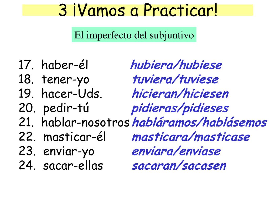 3 ¡Vamos a Practicar! 17. haber-él 18. tener-yo 19. hacer-Uds.