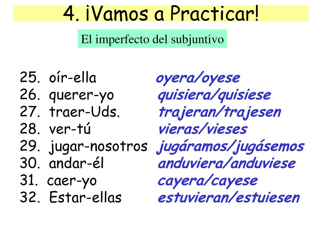 4. ¡Vamos a Practicar! 25. oír-ella 26. querer-yo 27. traer-Uds.