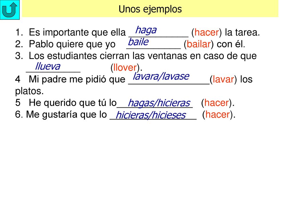 Unos ejemplos haga. 1. Es importante que ella ___________ (hacer) la tarea. 2. Pablo quiere que yo __________ (bailar) con él.