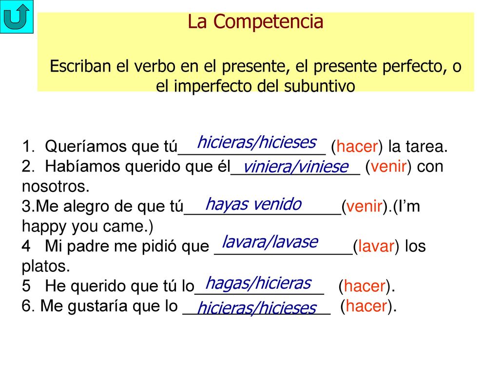 La Competencia Escriban el verbo en el presente, el presente perfecto, o el imperfecto del subuntivo
