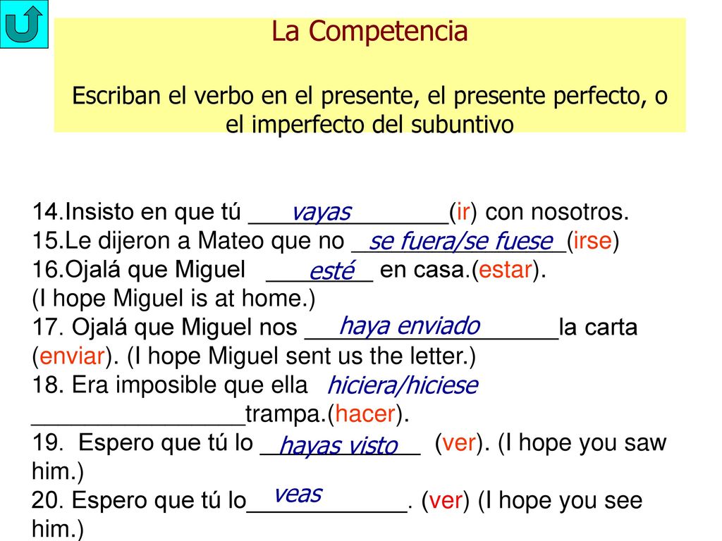 La Competencia Escriban el verbo en el presente, el presente perfecto, o el imperfecto del subuntivo