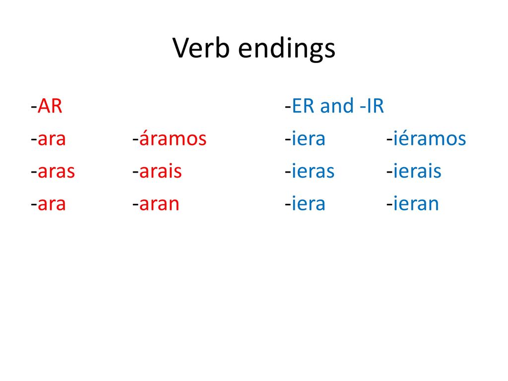 Verb endings -AR -ER and -IR -ara -áramos -iera -iéramos -aras -arais -ieras -ierais -ara -aran -iera -ieran