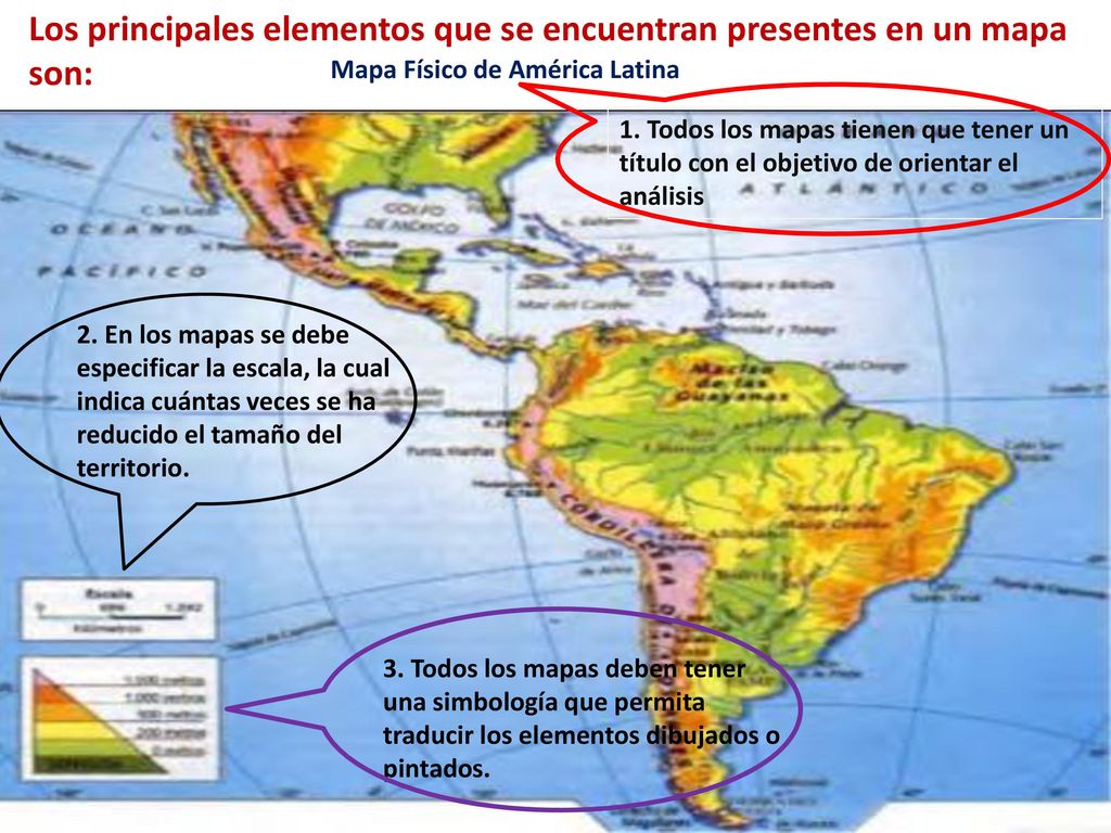 Los principales elementos que se encuentran presentes en un mapa son: