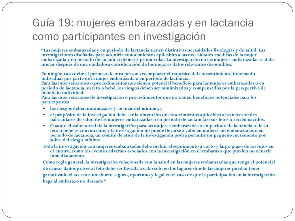 Guía 19: mujeres embarazadas y en lactancia como participantes en investigación