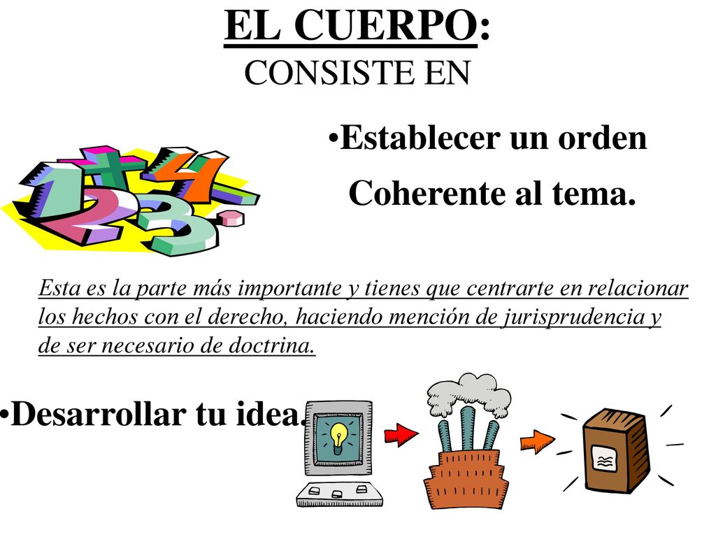 EL CUERPO: CONSISTE EN Establecer un orden Coherente al tema.