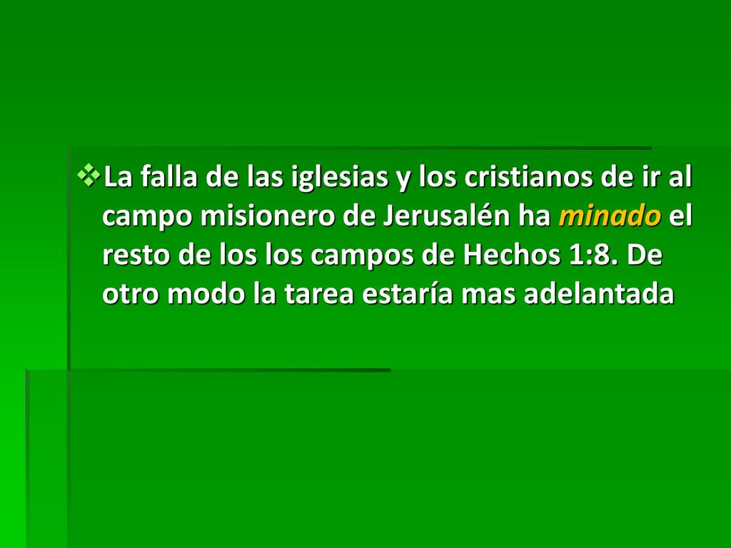 La falla de las iglesias y los cristianos de ir al campo misionero de Jerusalén ha minado el resto de los los campos de Hechos 1:8.