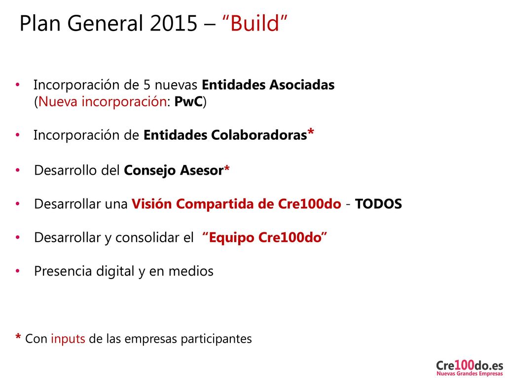 Plan General 2015 – Build Incorporación de 5 nuevas Entidades Asociadas (Nueva incorporación: PwC)