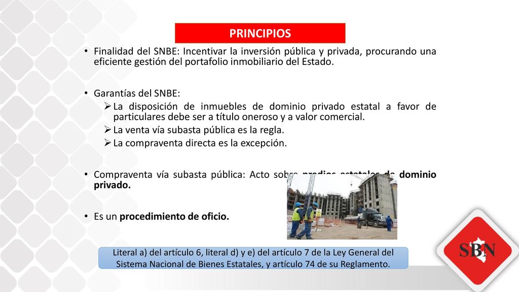 PRINCIPIOS Finalidad del SNBE: Incentivar la inversión pública y privada, procurando una eficiente gestión del portafolio inmobiliario del Estado.