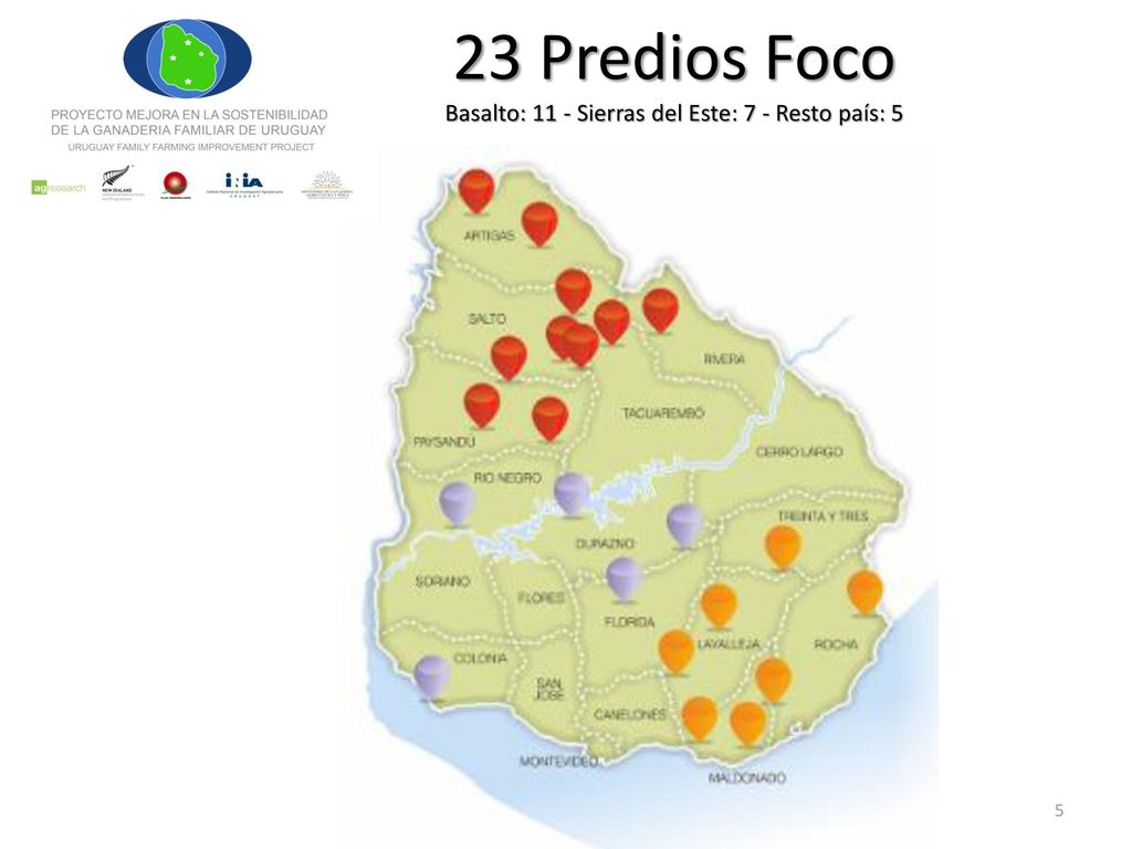23 Predios Foco Basalto: 11 - Sierras del Este: 7 - Resto país: 5