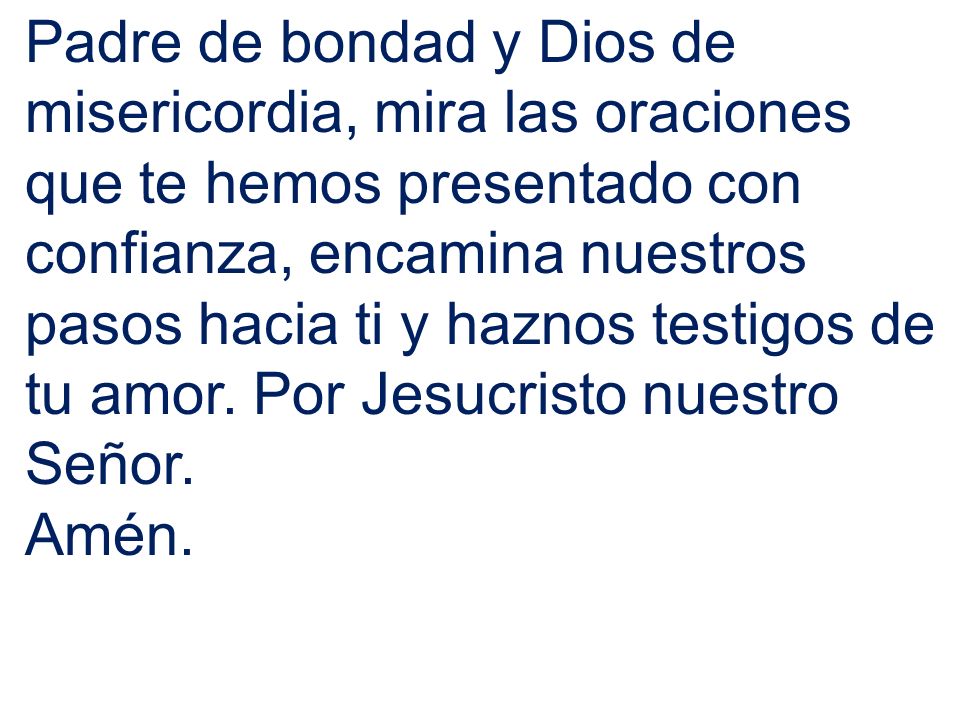 Padre de bondad y Dios de misericordia, mira las oraciones que te hemos presentado con confianza, encamina nuestros pasos hacia ti y haznos testigos de tu amor. Por Jesucristo nuestro Señor.