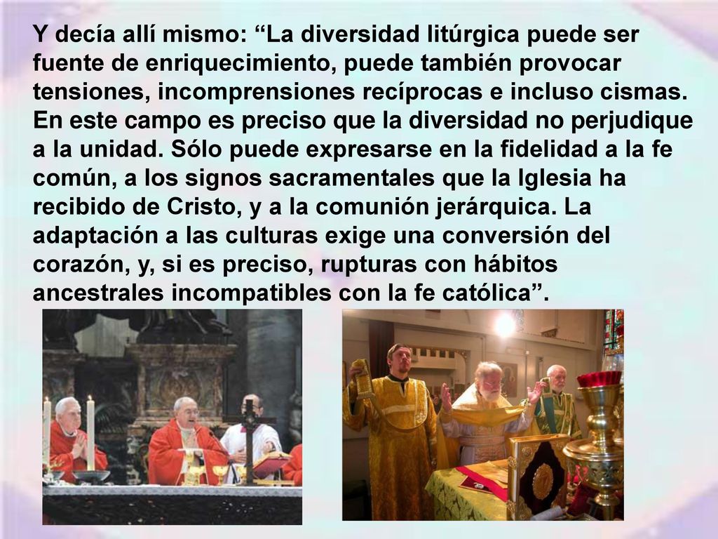 Y decía allí mismo: La diversidad litúrgica puede ser fuente de enriquecimiento, puede también provocar tensiones, incomprensiones recíprocas e incluso cismas.