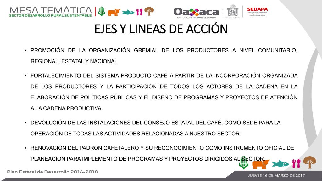 EJES Y LINEAS DE ACCIÓN PROMOCIÓN DE LA ORGANIZACIÓN GREMIAL DE LOS PRODUCTORES A NIVEL COMUNITARIO, REGIONAL, ESTATAL Y NACIONAL.