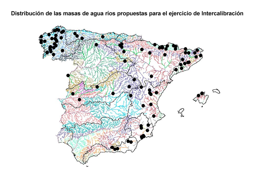 Distribución de las masas de agua ríos propuestas para el ejercicio de Intercalibración