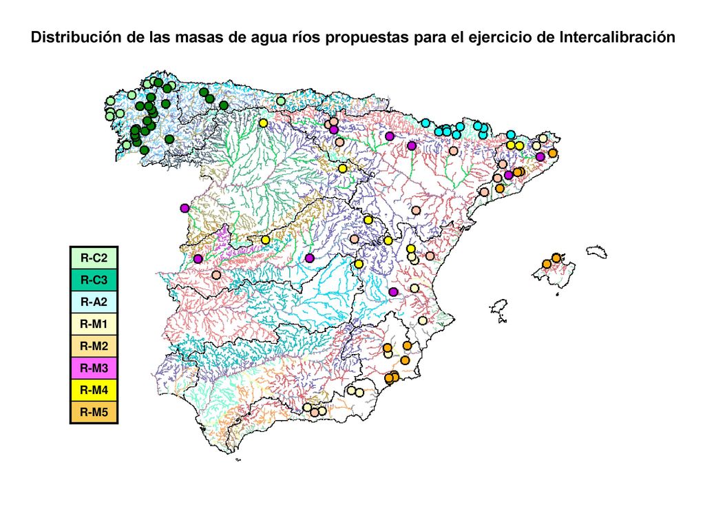 Distribución de las masas de agua ríos propuestas para el ejercicio de Intercalibración