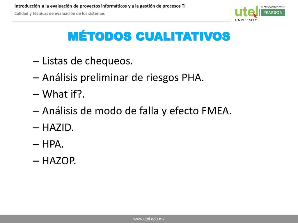 MÉTODOS CUALITATIVOS Listas de chequeos. Análisis preliminar de riesgos PHA. What if . Análisis de modo de falla y efecto FMEA.