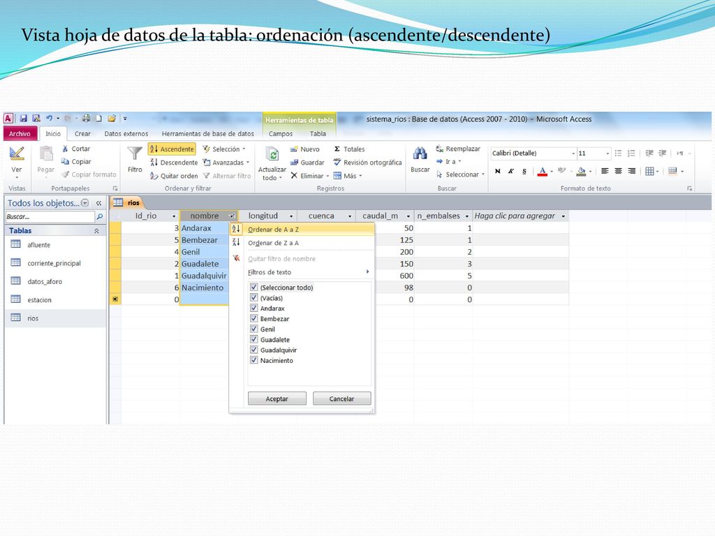 Vista hoja de datos de la tabla: ordenación (ascendente/descendente)