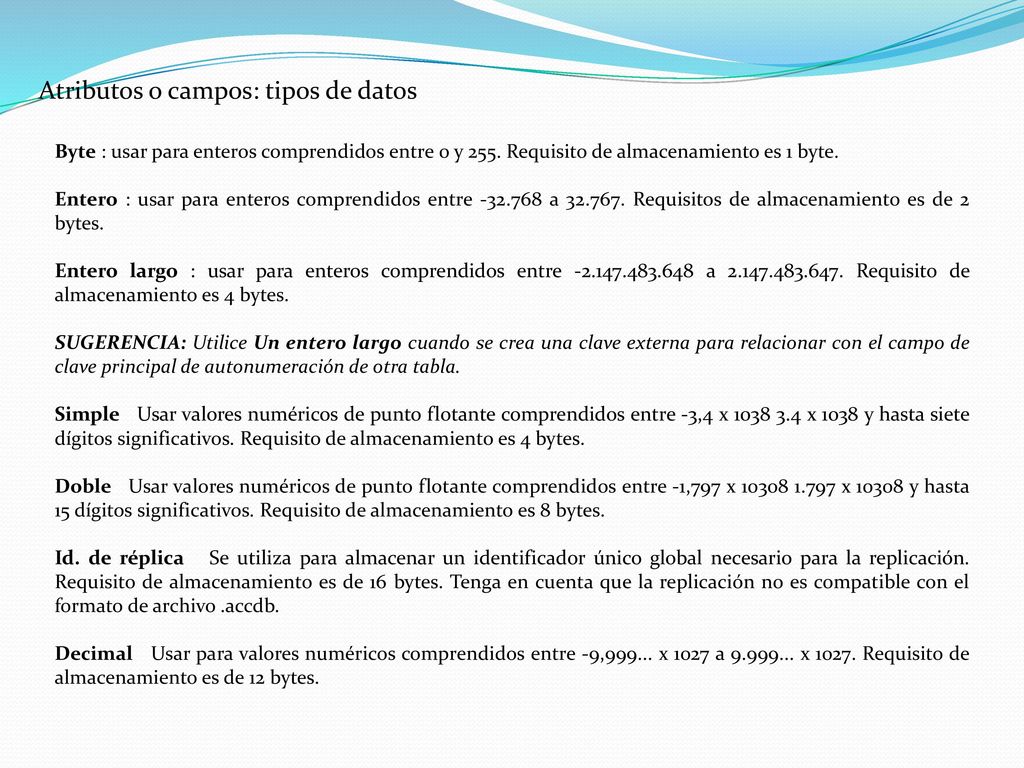 Atributos o campos: tipos de datos