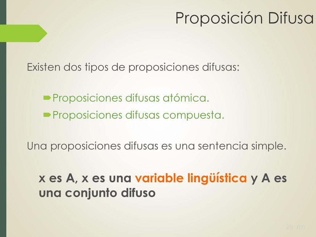 Proposición Difusa Existen dos tipos de proposiciones difusas: Proposiciones difusas atómica. Proposiciones difusas compuesta.