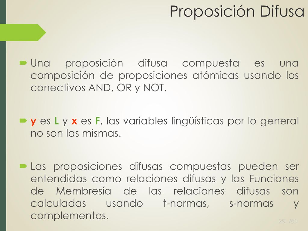 Proposición Difusa Una proposición difusa compuesta es una composición de proposiciones atómicas usando los conectivos AND, OR y NOT.