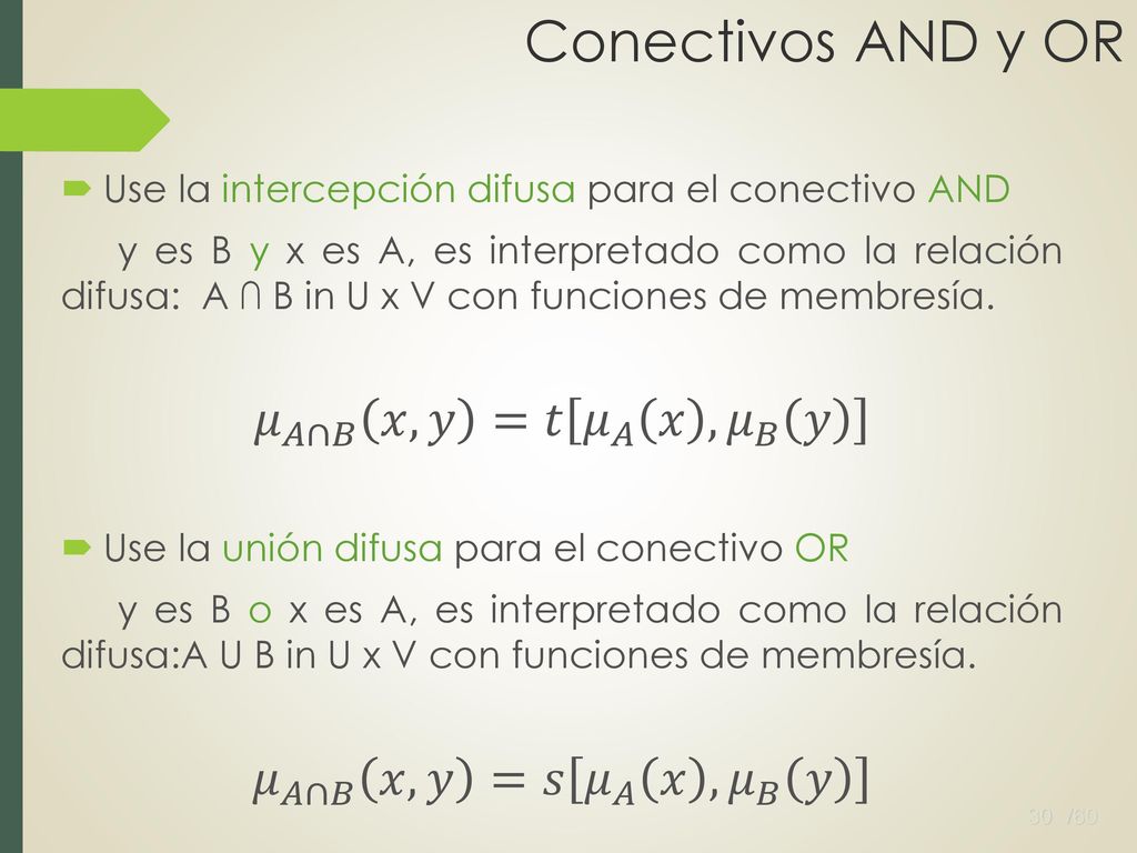 Conectivos AND y OR 𝜇 𝐴∩𝐵 𝑥,𝑦 =𝑡 𝜇 𝐴 𝑥 , 𝜇 𝐵 𝑦