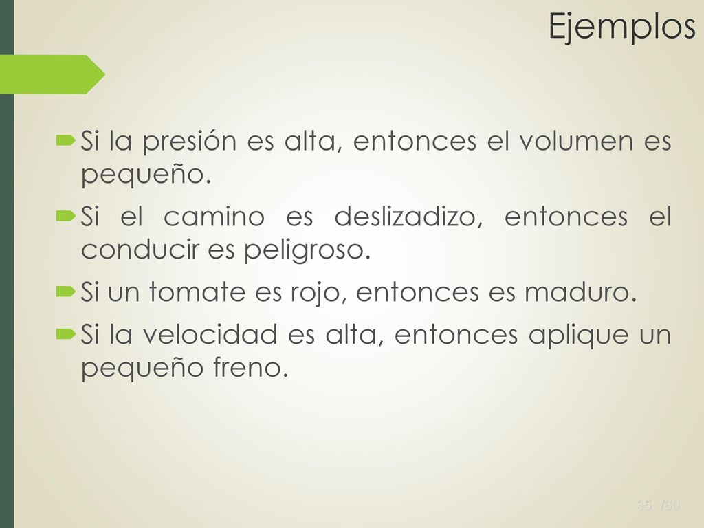 Ejemplos Si la presión es alta, entonces el volumen es pequeño.