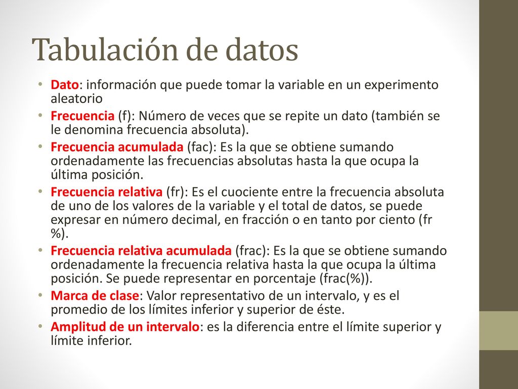 Tabulación de datos Dato: información que puede tomar la variable en un experimento aleatorio.
