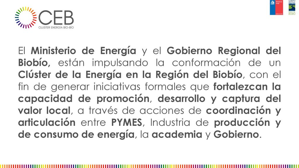 El Ministerio de Energía y el Gobierno Regional del Biobío, están impulsando la conformación de un Clúster de la Energía en la Región del Biobío, con el fin de generar iniciativas formales que fortalezcan la capacidad de promoción, desarrollo y captura del valor local, a través de acciones de coordinación y articulación entre PYMES, Industria de producción y de consumo de energía, la academia y Gobierno.