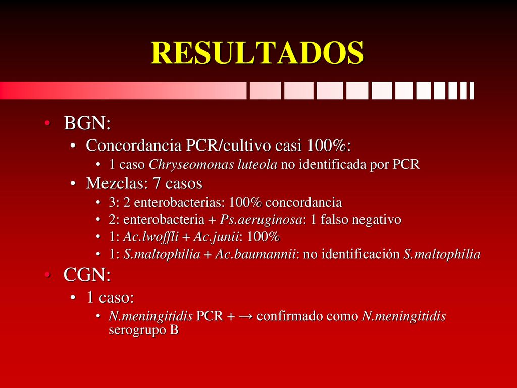 RESULTADOS BGN: CGN: Concordancia PCR/cultivo casi 100%: