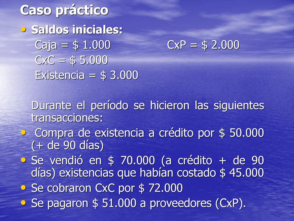 Caso práctico Saldos iniciales: Caja = $ CxP = $ 2.000