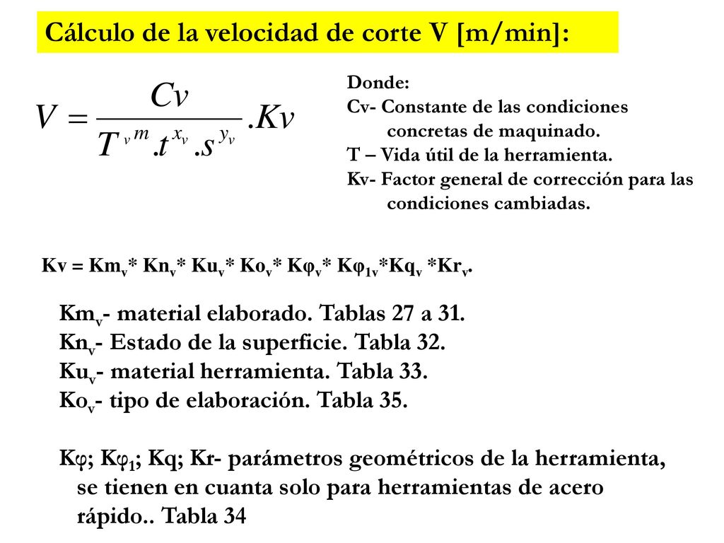 Cálculo de la velocidad de corte V [m/min]:
