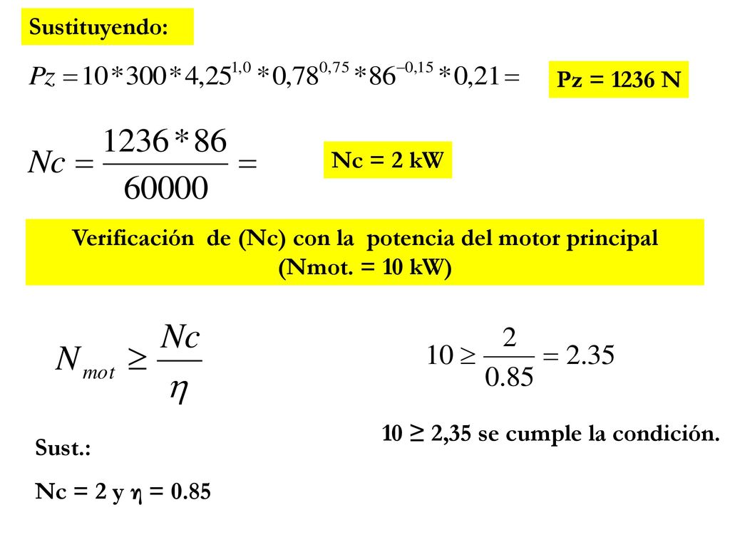 Sustituyendo: Pz = 1236 N. Nc = 2 kW. Verificación de (Nc) con la potencia del motor principal (Nmot. = 10 kW)