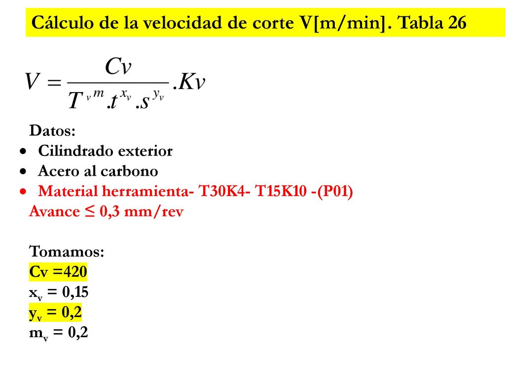 Cálculo de la velocidad de corte V[m/min]. Tabla 26