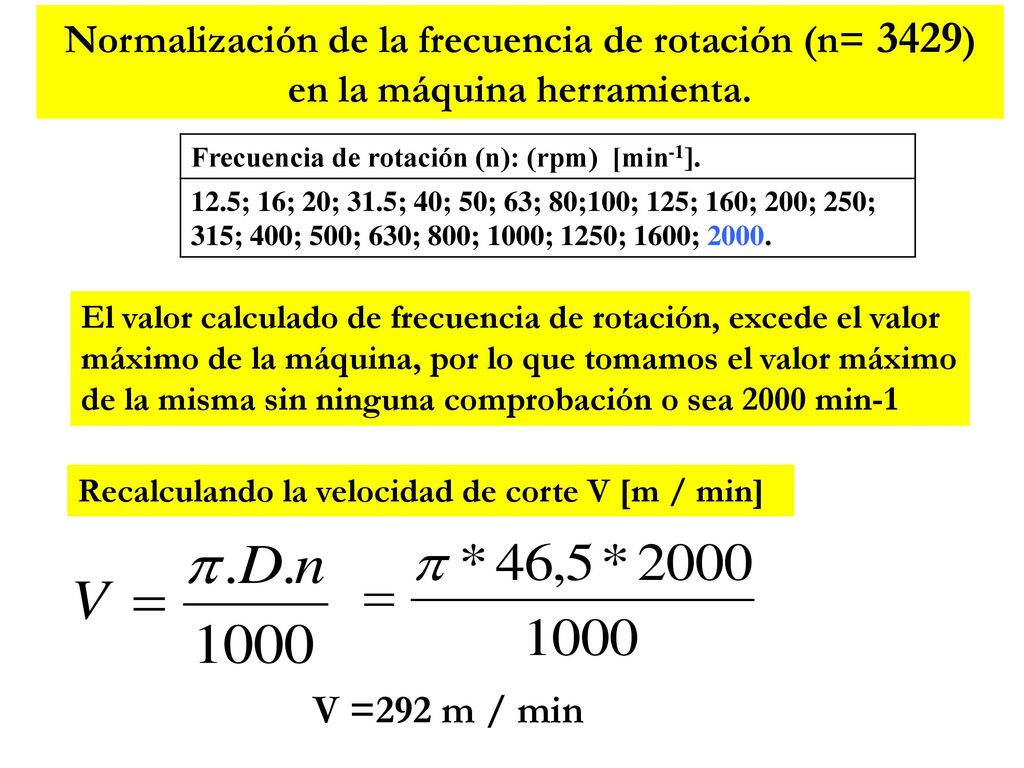 Normalización de la frecuencia de rotación (n= 3429) en la máquina herramienta.